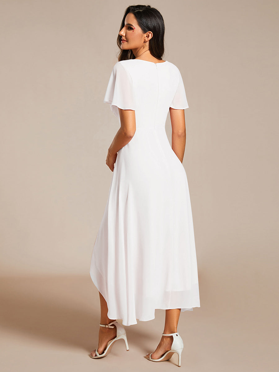 Deep V-Neck Chiffon Ruffle Sleeve Wedding Guest Dress #color_White