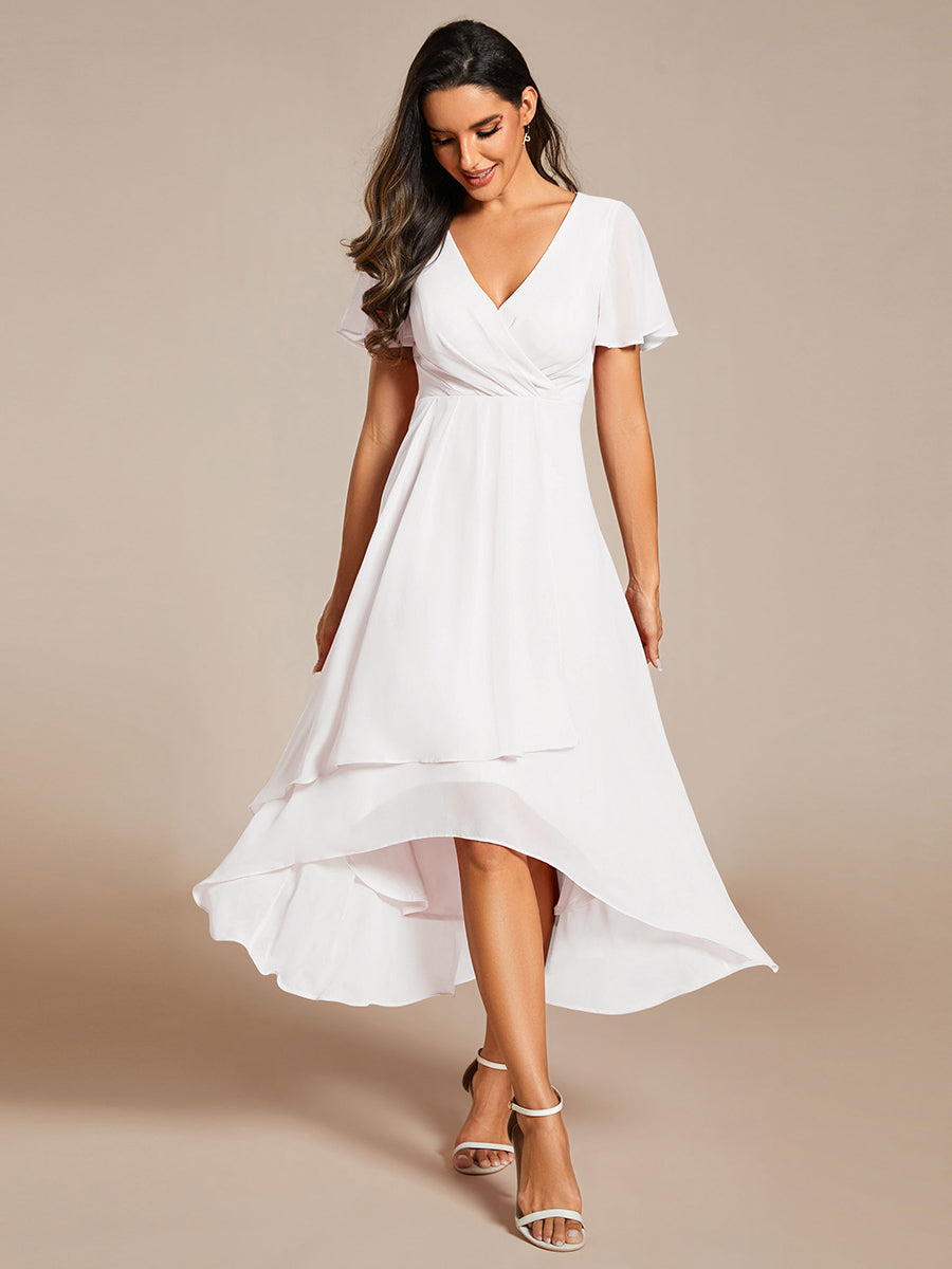 Deep V-Neck Chiffon Ruffle Sleeve Wedding Guest Dress #color_White
