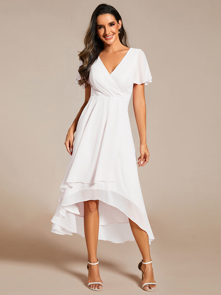 Deep V-Neck Chiffon Ruffle Sleeve Wedding Guest Dress #color_White