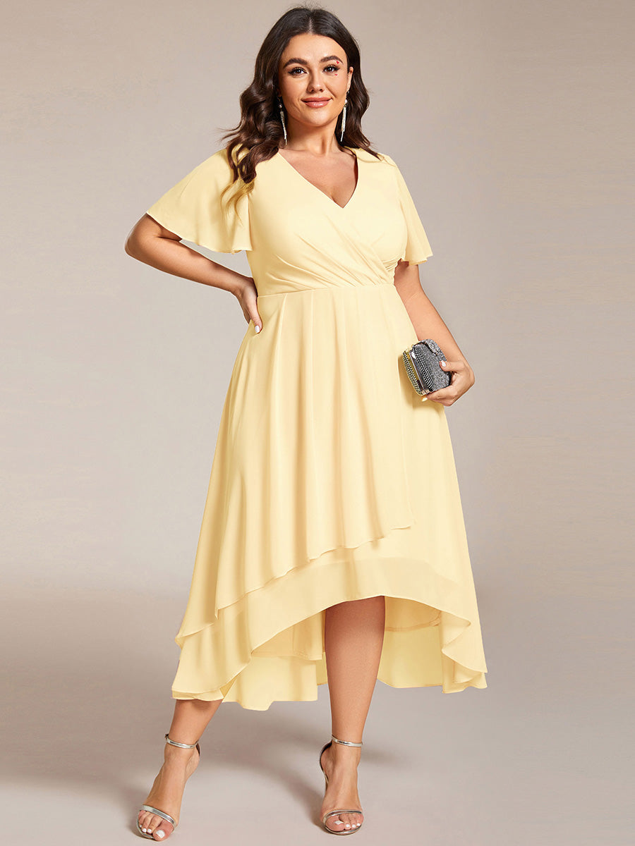 Deep V-Neck Chiffon Ruffle Sleeve Wedding Guest Dress #color_Yellow