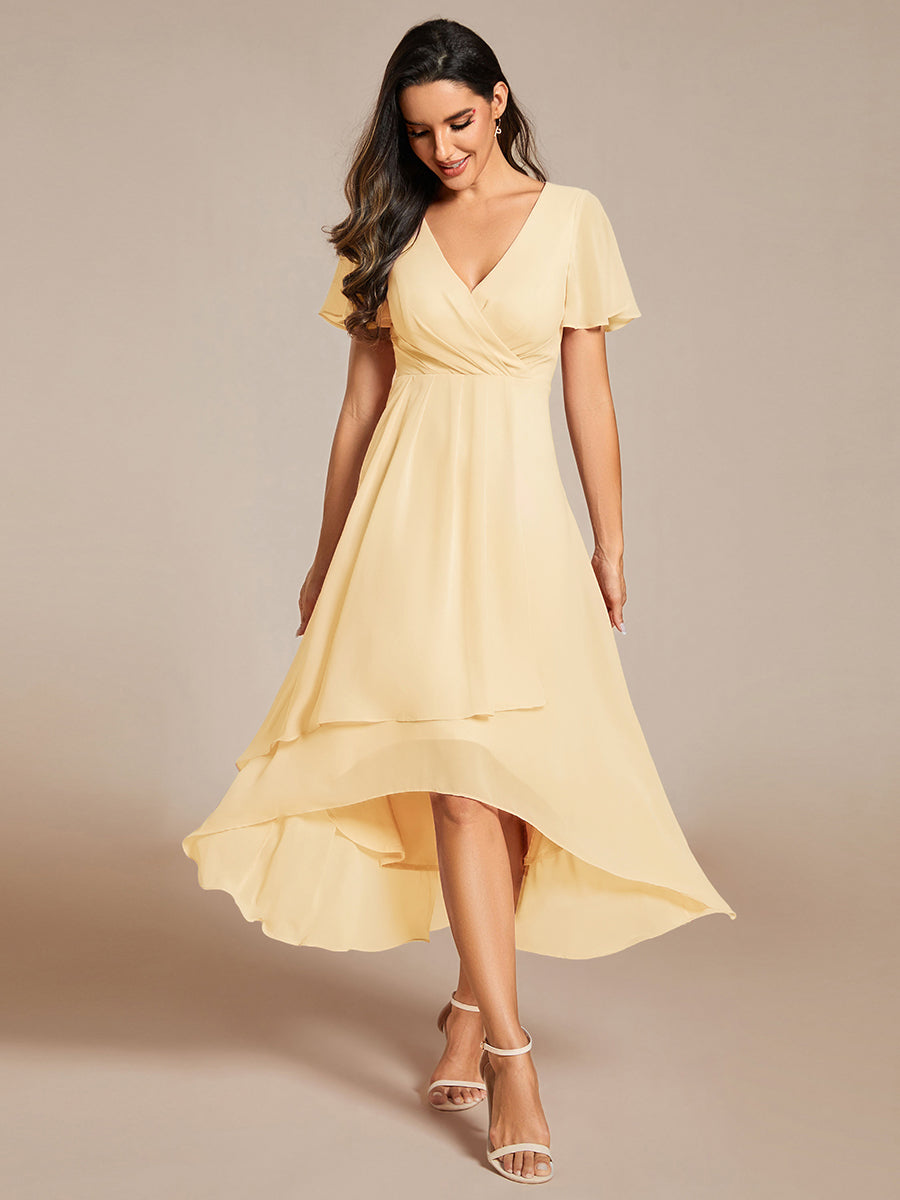 Deep V-Neck Chiffon Ruffle Sleeve Wedding Guest Dress #color_Yellow