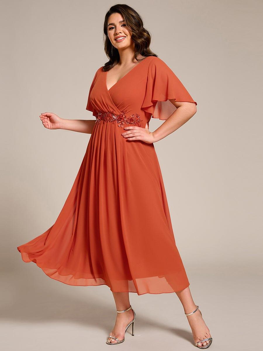 Plus Size Elegant Short Sleeves V-Neck Floral Applique Wedding Guest Dress #color_Burnt Orange