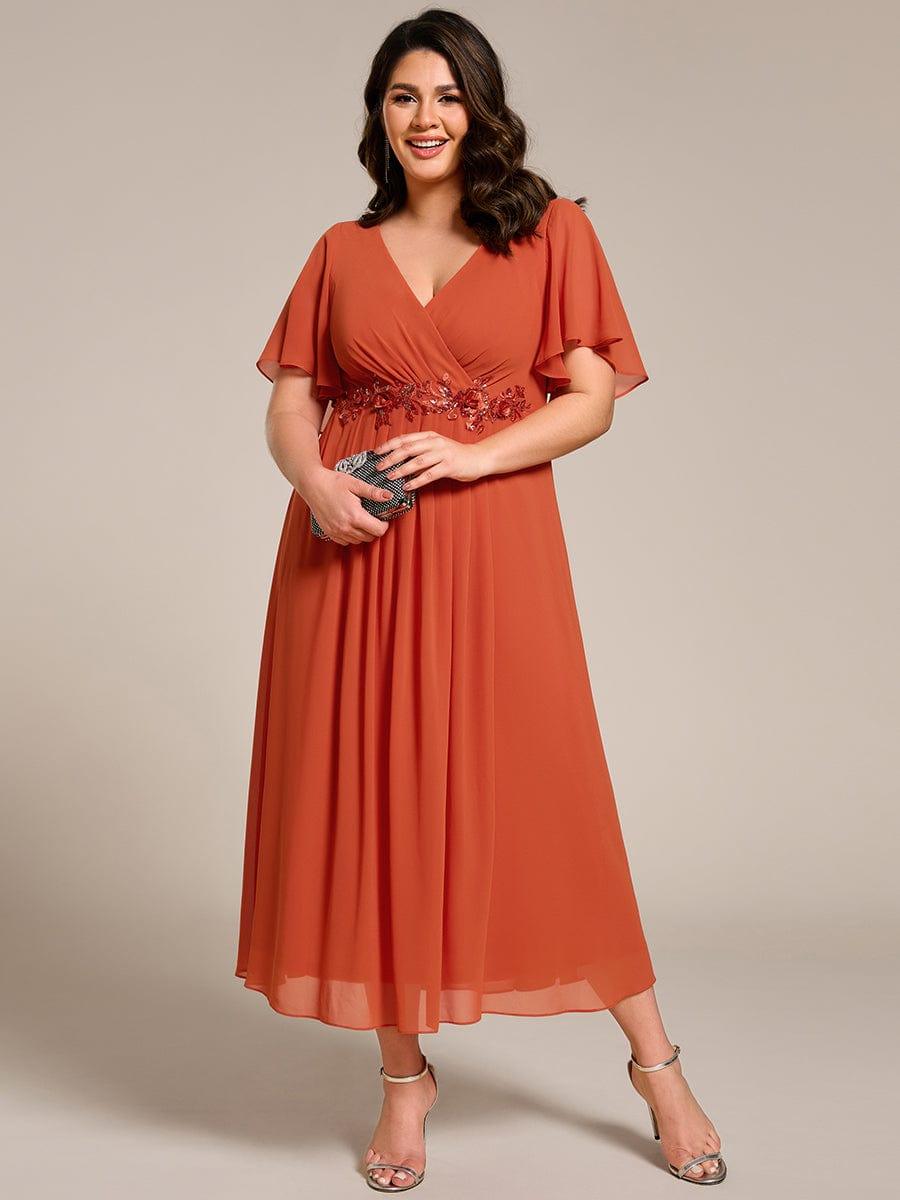 Plus Size Elegant Short Sleeves V-Neck Floral Applique Wedding Guest Dress #color_Burnt Orange