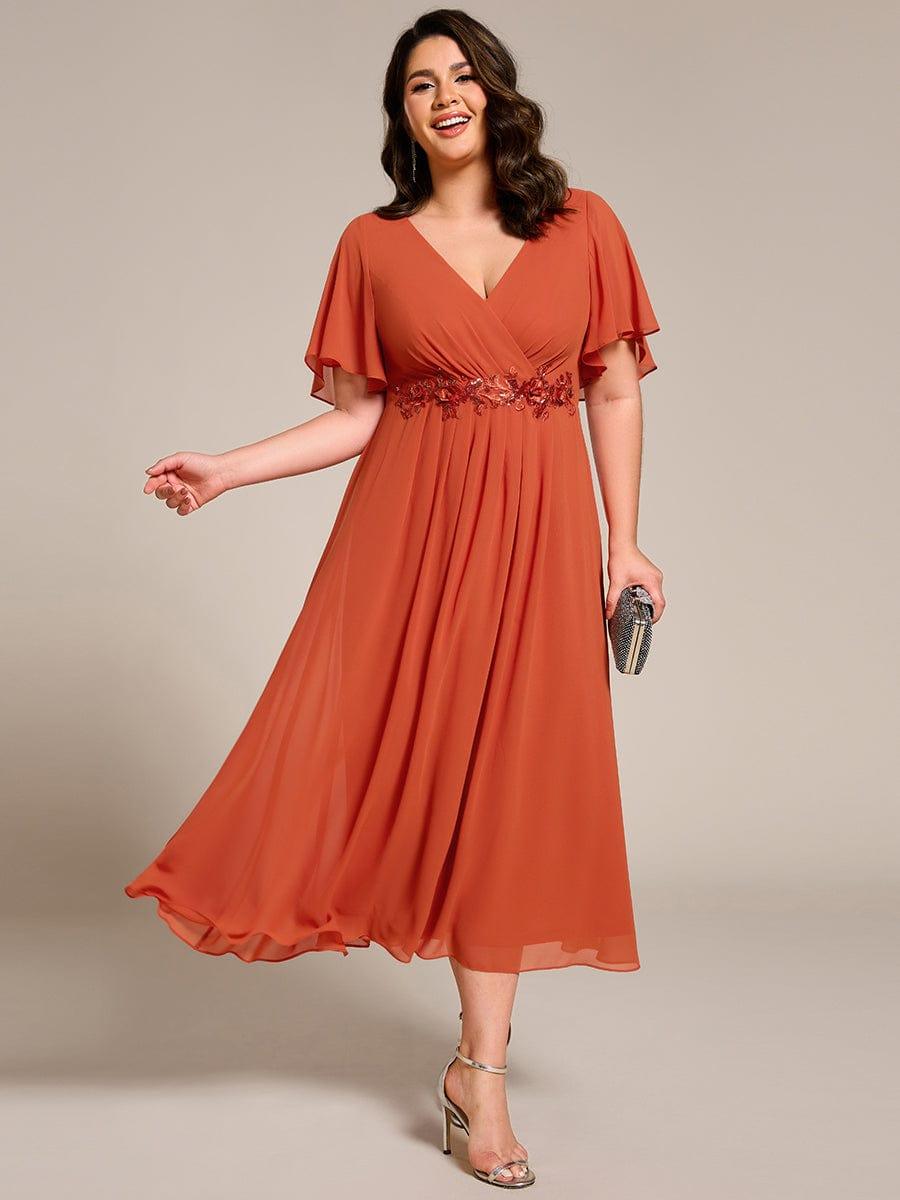 Plus Size Elegant Short Sleeves V-Neck Floral Applique Wedding Guest Dress #color_Burnt Orange