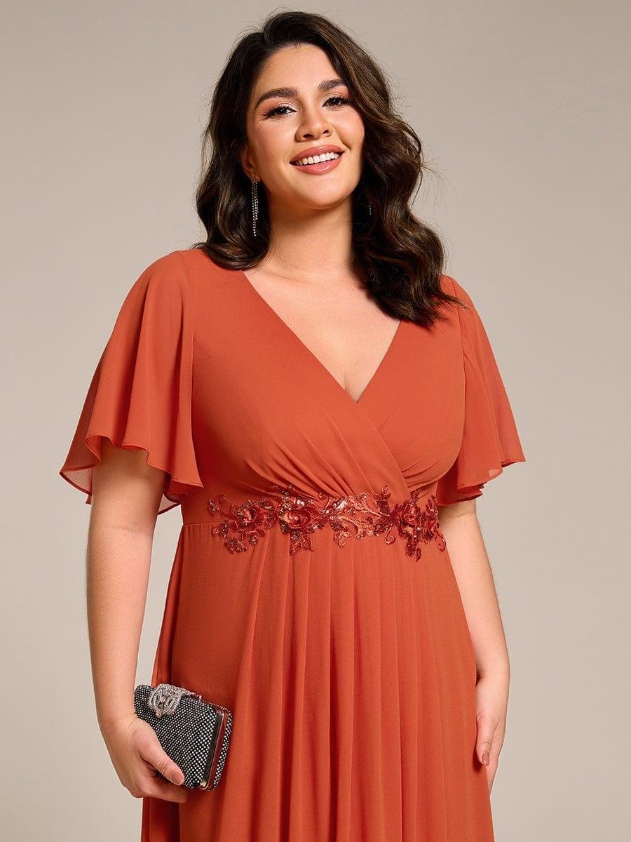 Plus Size Elegant Short Sleeves V-Neck Floral Applique Wedding Guest Dress #color_Burnt Orange