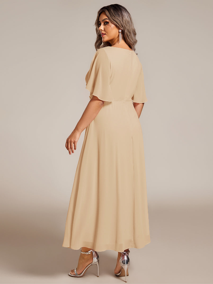 Short Sleeve V Neck Knee Length Mother of the Bride Dress #color_Champagne