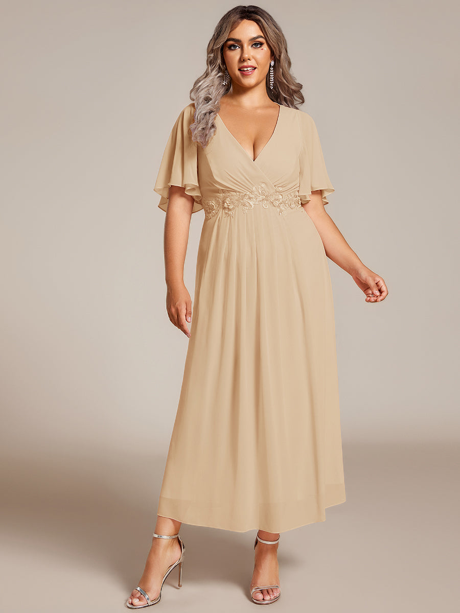 Short Sleeve V Neck Knee Length Mother of the Bride Dress #color_Champagne