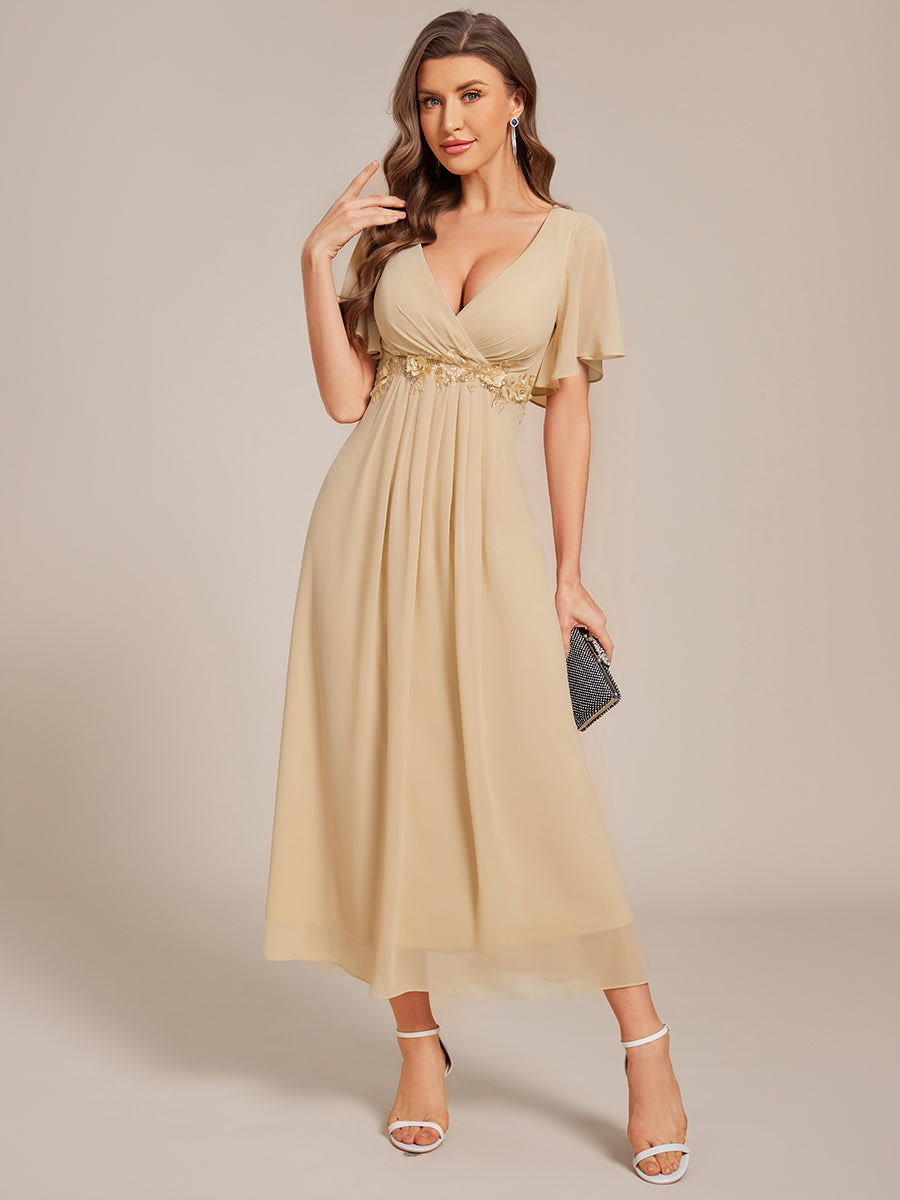 Short Sleeve V Neck Knee Length Mother of the Bride Dress #color_Champagne