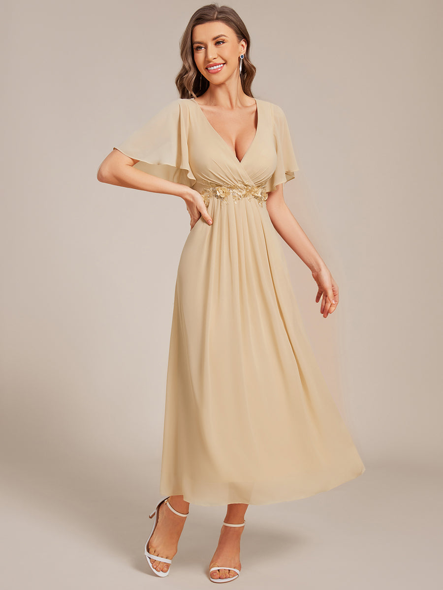 Short Sleeve V Neck Knee Length Mother of the Bride Dress #color_Champagne