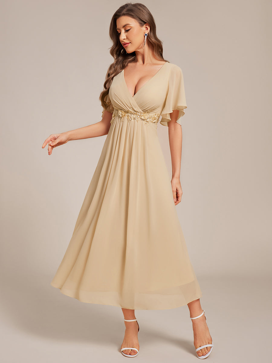 Short Sleeve V Neck Knee Length Mother of the Bride Dress #color_Champagne