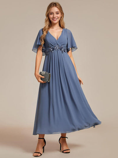 ever DAHLIA|Short Sleeves V-Neck Tea Length Wedding Guest Dress with Floral Applique
