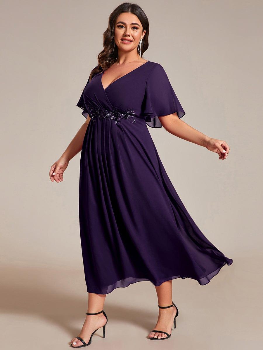 Plus Size Elegant Short Sleeves V-Neck Floral Applique Wedding Guest Dress #color_Dark Purple