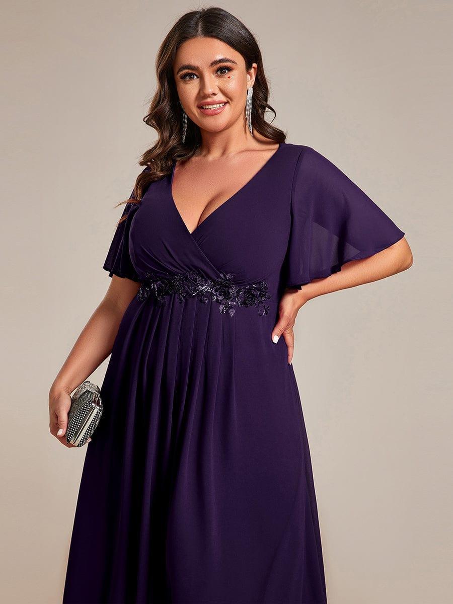 Plus Size Elegant Short Sleeves V-Neck Floral Applique Wedding Guest Dress #color_Dark Purple