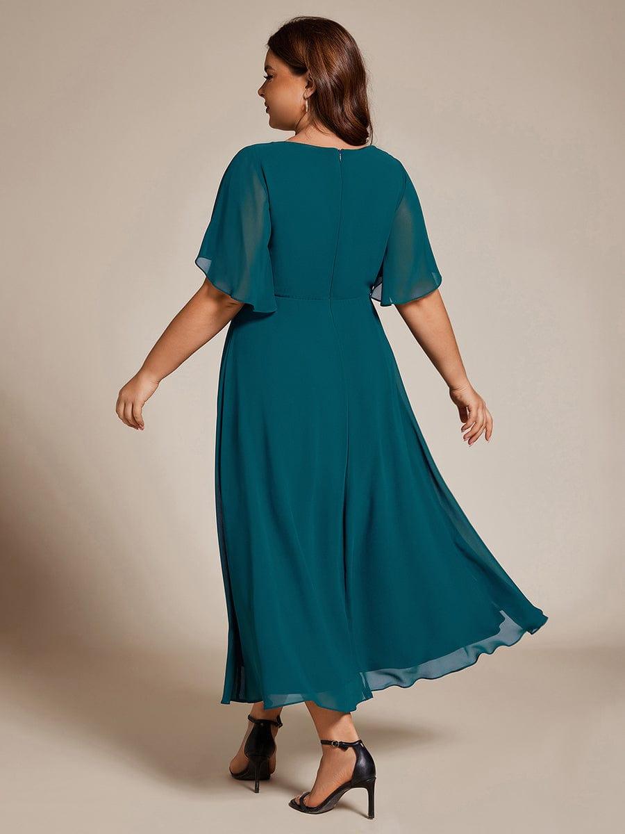Plus Size Elegant Short Sleeves V-Neck Floral Applique Wedding Guest Dress #color_Teal