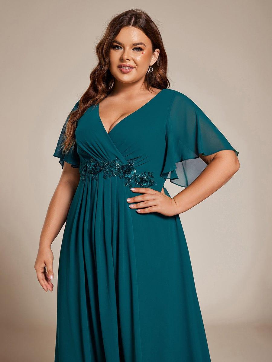 Plus Size Elegant Short Sleeves V-Neck Floral Applique Wedding Guest Dress #color_Teal