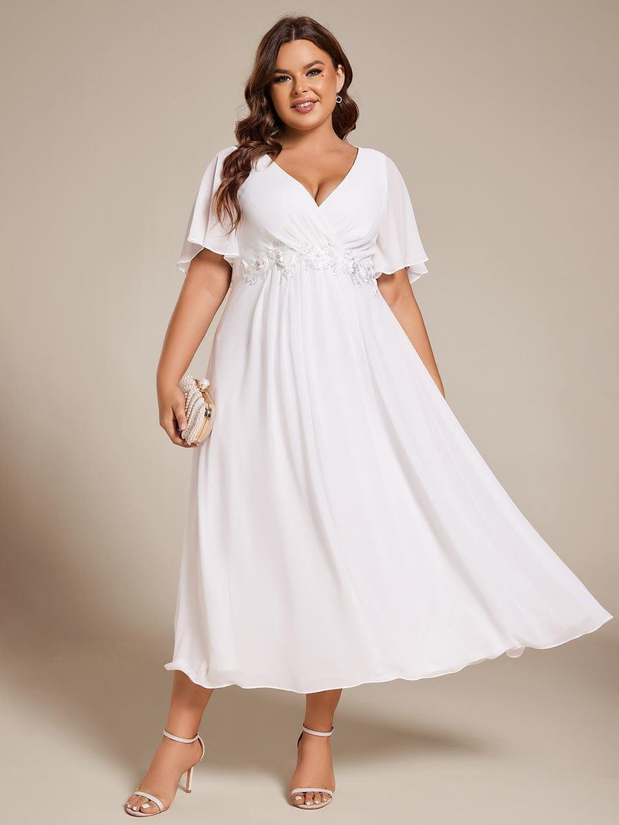 Plus Size Elegant Short Sleeves V-Neck Floral Applique Wedding Guest Dress #color_White