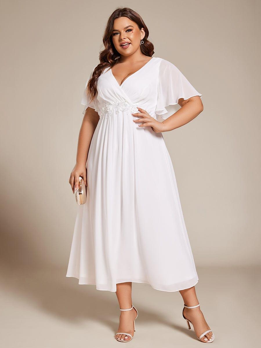 Plus Size Elegant Short Sleeves V-Neck Floral Applique Wedding Guest Dress #color_White