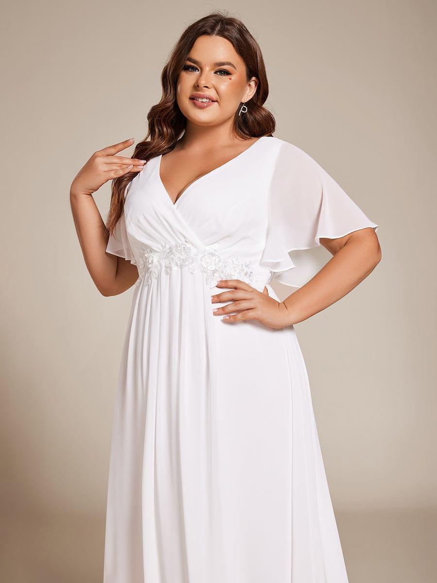 Plus Size Elegant Short Sleeves V-Neck Floral Applique Wedding Guest Dress #color_White