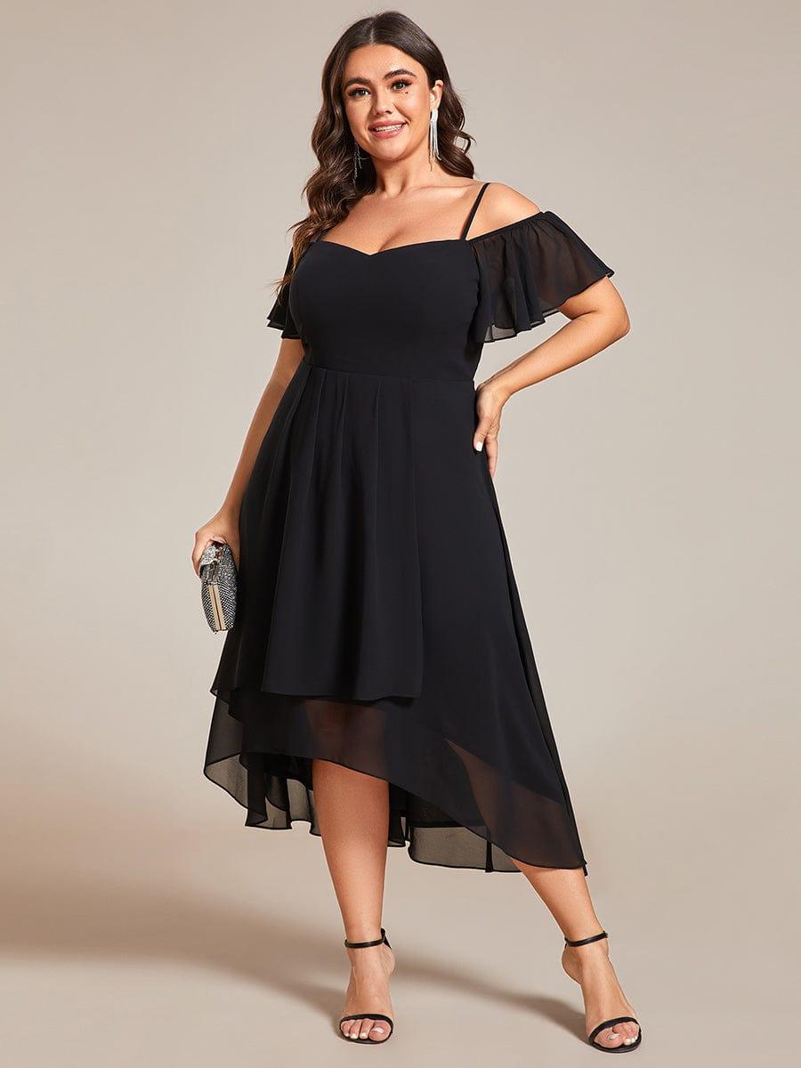 Plus Size Cold Shoulder Sweetheart Necklin Chiffon Midi Wedding Guest Dress #color_Black