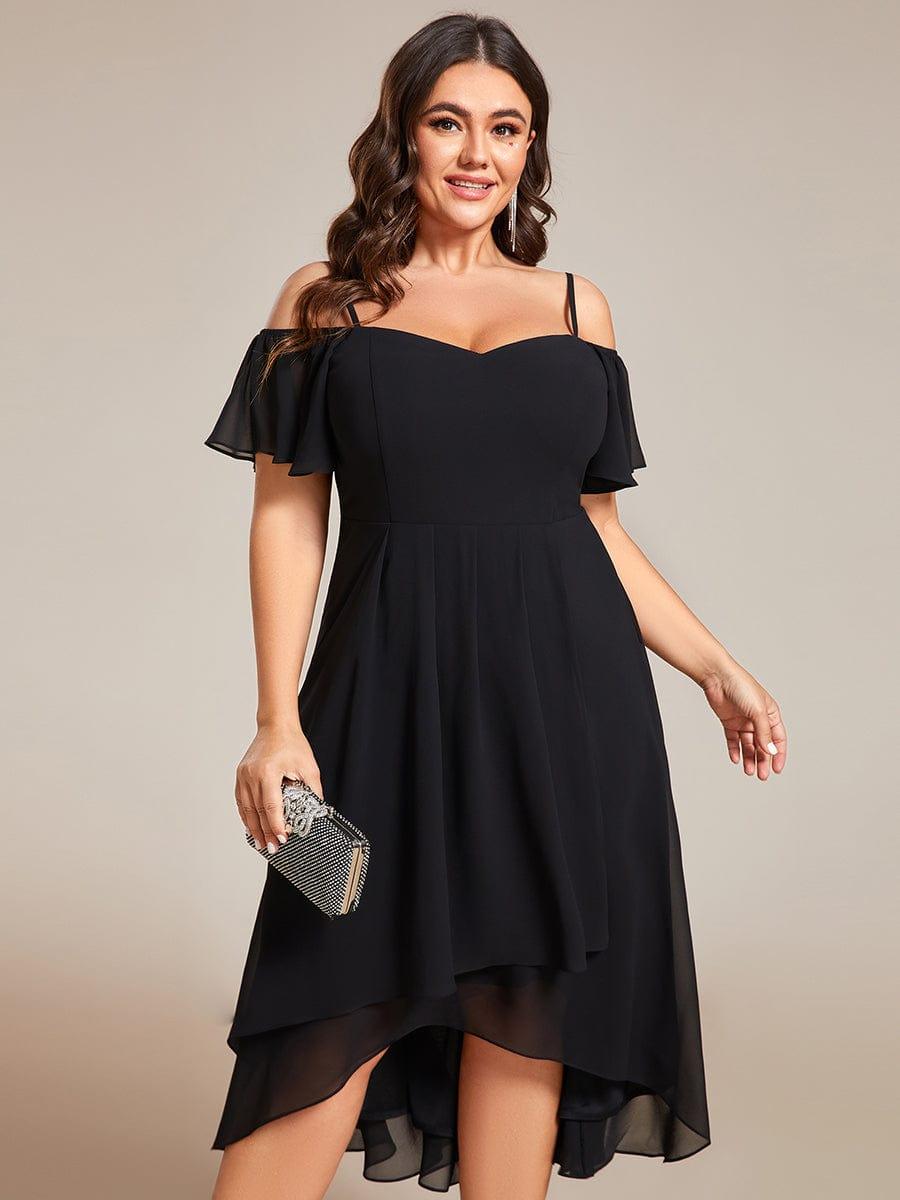 Plus Size Cold Shoulder Sweetheart Necklin Chiffon Midi Wedding Guest Dress #color_Black