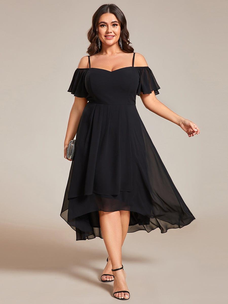 Plus Size Cold Shoulder Sweetheart Necklin Chiffon Midi Wedding Guest Dress #color_Black