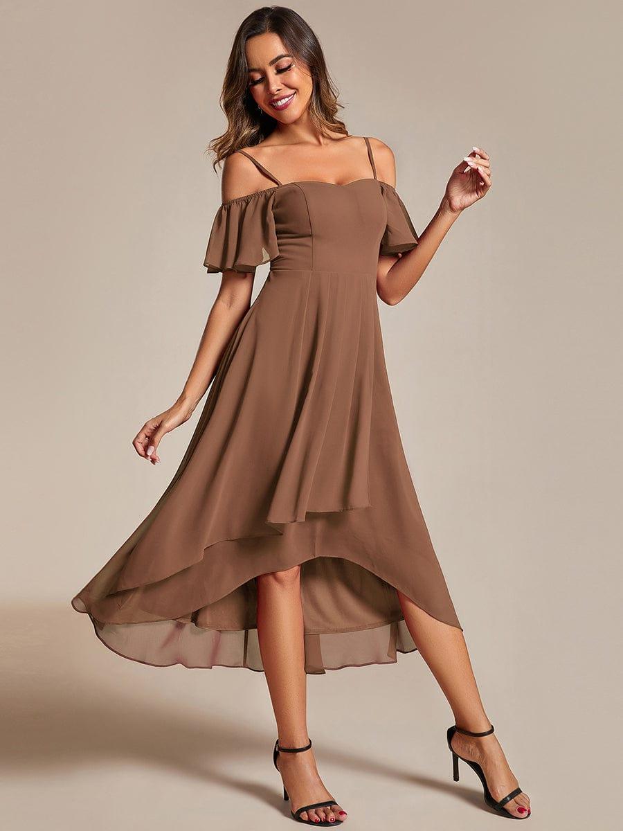 Spaghetti Strap Cold Shoulder Chiffon A-Line Midi Wedding Guest Dress #color_Brown