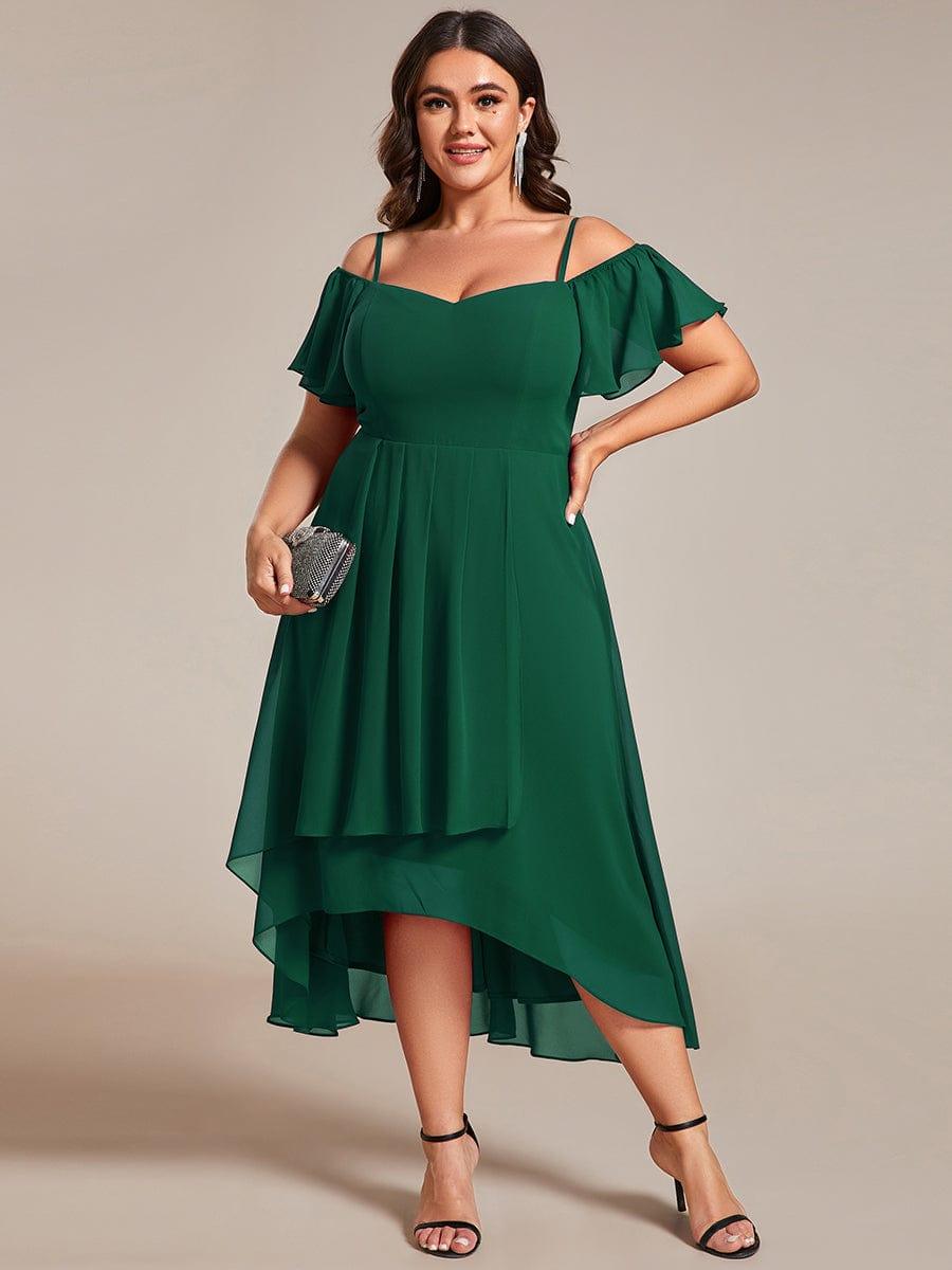 Plus Size Cold Shoulder Sweetheart Necklin Chiffon Midi Wedding Guest Dress #color_Dark Green