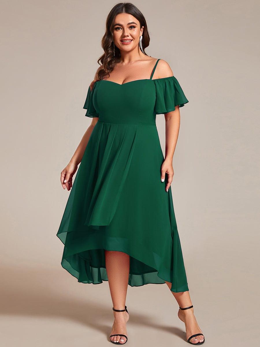 Plus Size Cold Shoulder Sweetheart Necklin Chiffon Midi Wedding Guest Dress #color_Dark Green