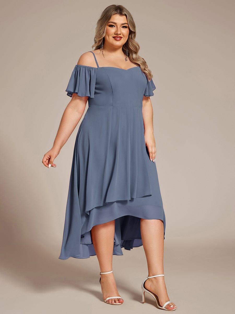 Plus Size Cold Shoulder Sweetheart Necklin Chiffon Midi Wedding Guest Dress #color_Dusty Blue