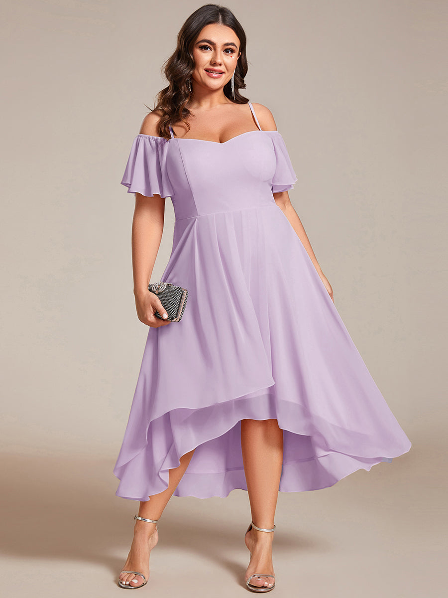 Spaghetti Strap Cold Shoulder Chiffon A-Line Midi Wedding Guest Dress #color_Frosted Lilac