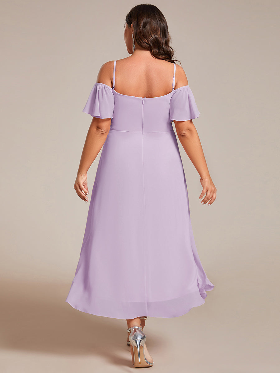 Spaghetti Strap Cold Shoulder Chiffon A-Line Midi Wedding Guest Dress #color_Frosted Lilac