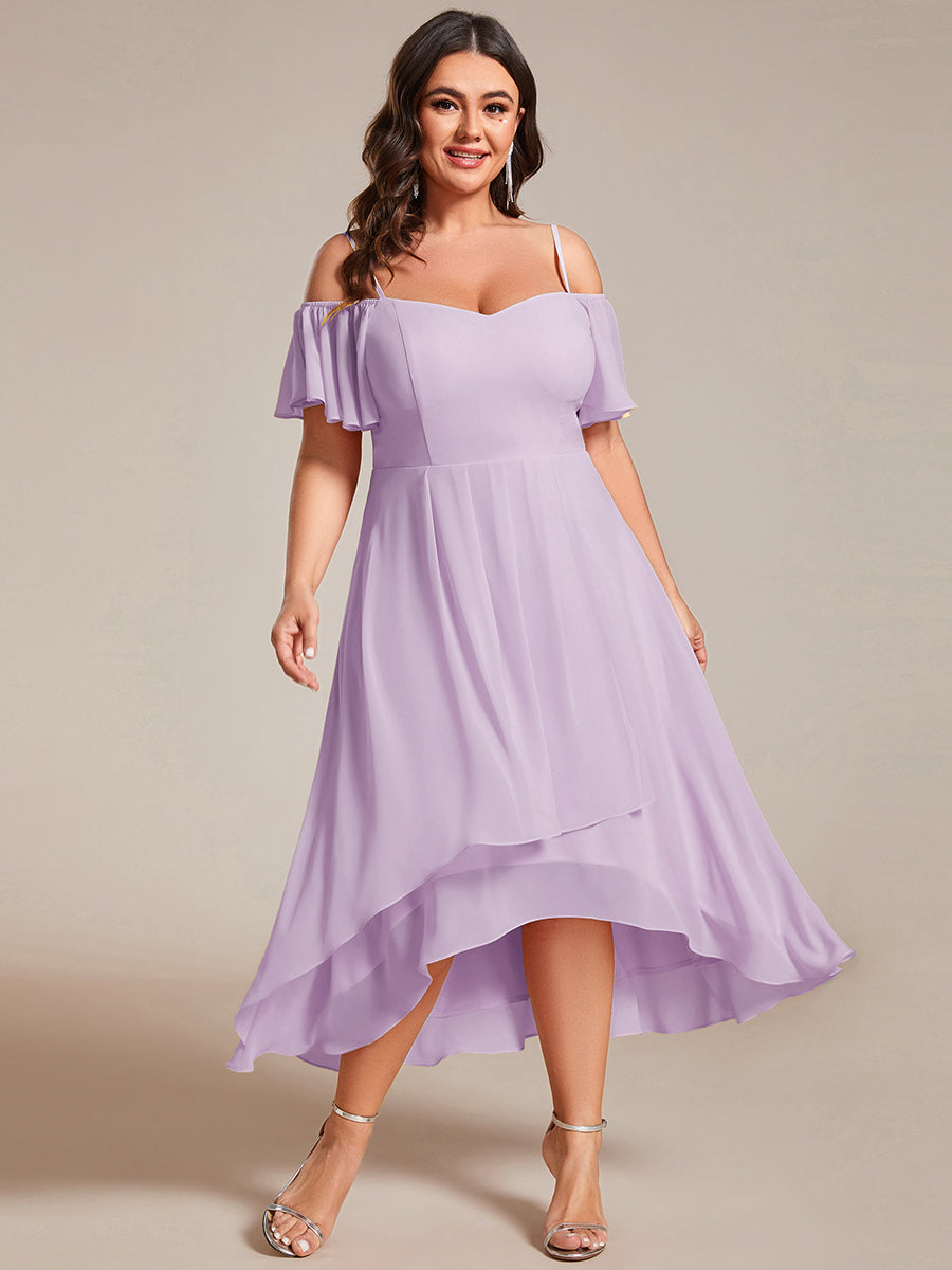 Spaghetti Strap Cold Shoulder Chiffon A-Line Midi Wedding Guest Dress #color_Frosted Lilac