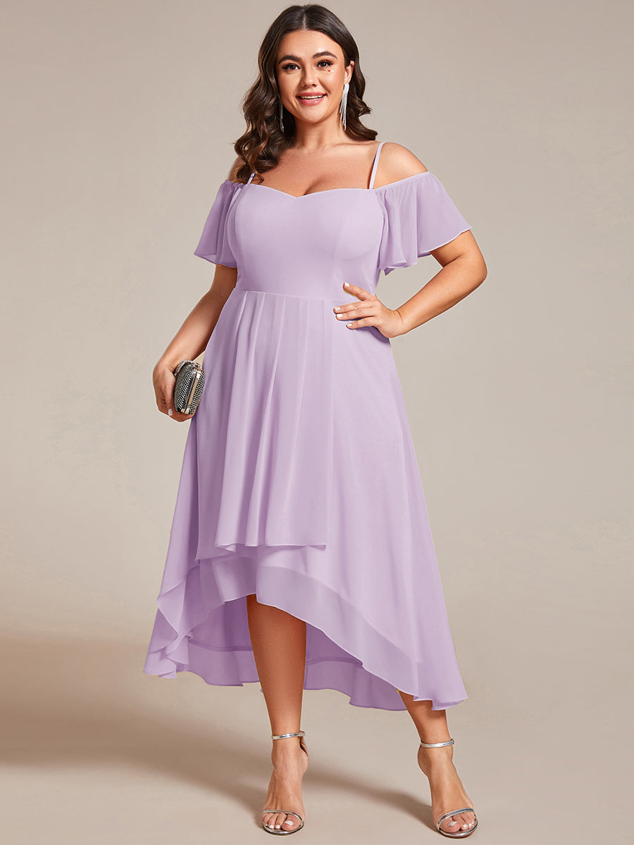 Spaghetti Strap Cold Shoulder Chiffon A-Line Midi Wedding Guest Dress #color_Frosted Lilac