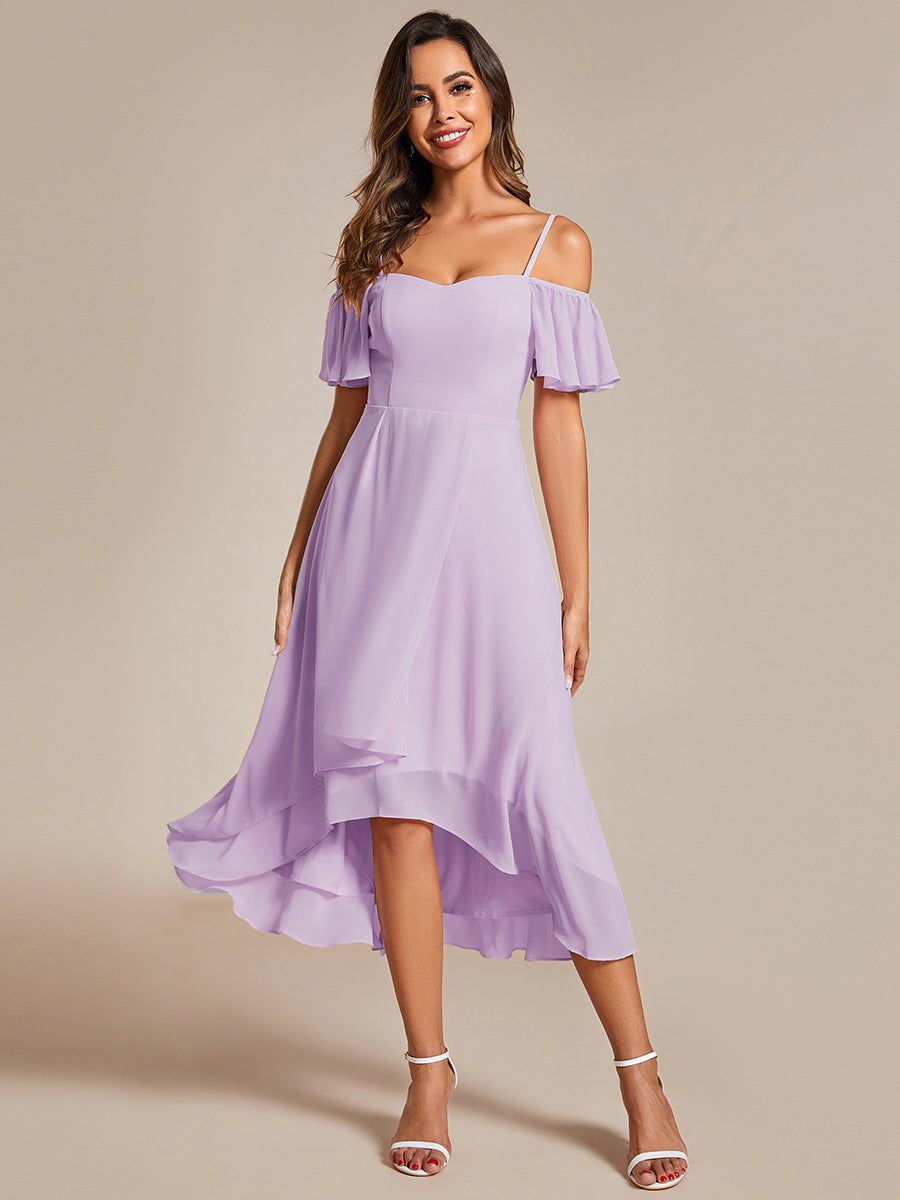 Spaghetti Strap Cold Shoulder Chiffon A-Line Midi Wedding Guest Dress #color_Frosted Lilac