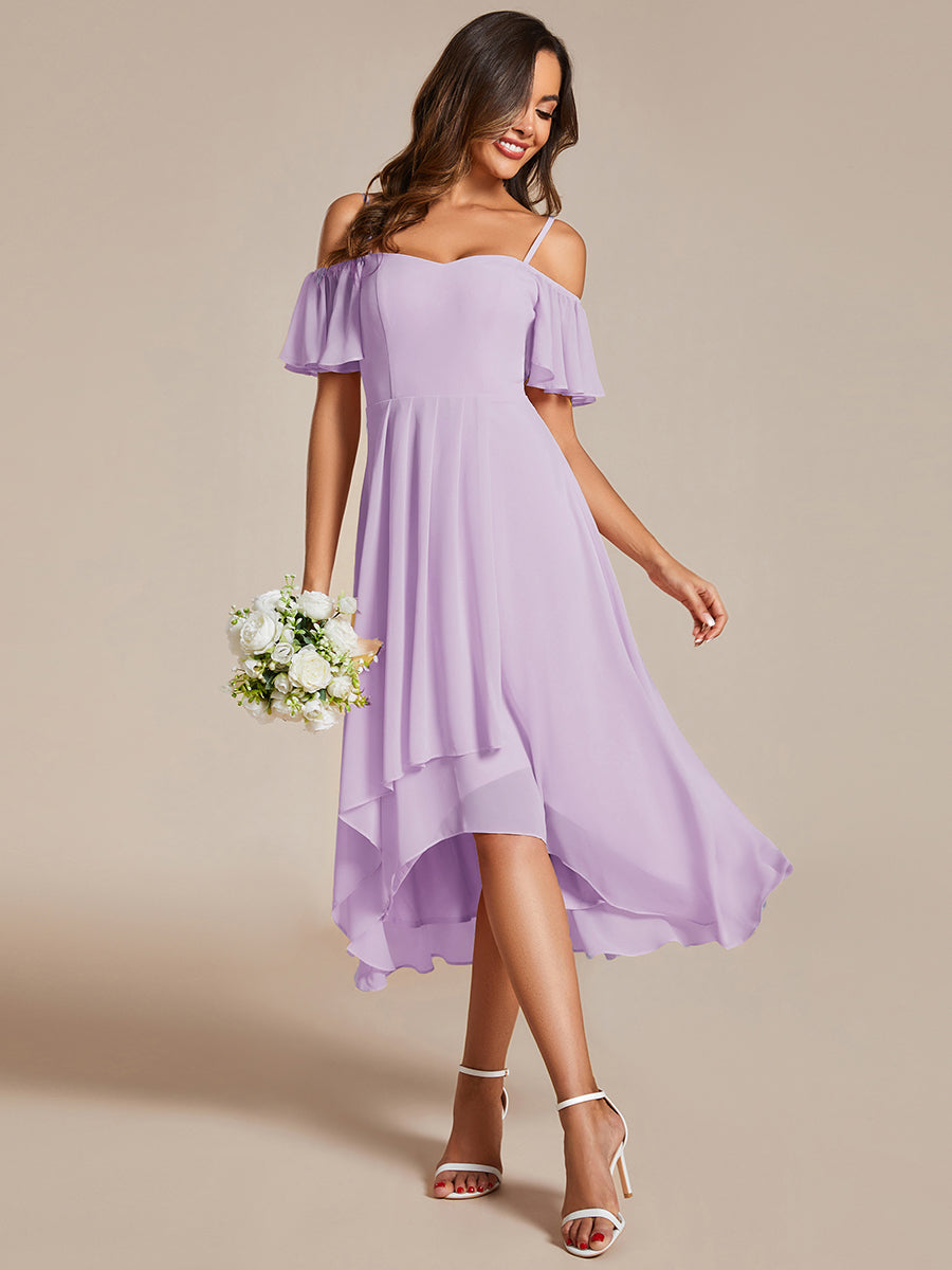 Spaghetti Strap Cold Shoulder Chiffon A-Line Midi Wedding Guest Dress #color_Frosted Lilac