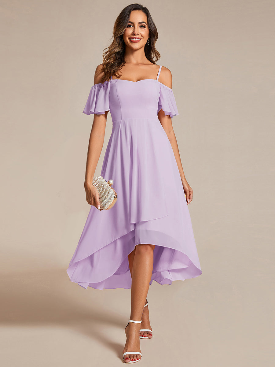 Spaghetti Strap Cold Shoulder Chiffon A-Line Midi Wedding Guest Dress #color_Frosted Lilac