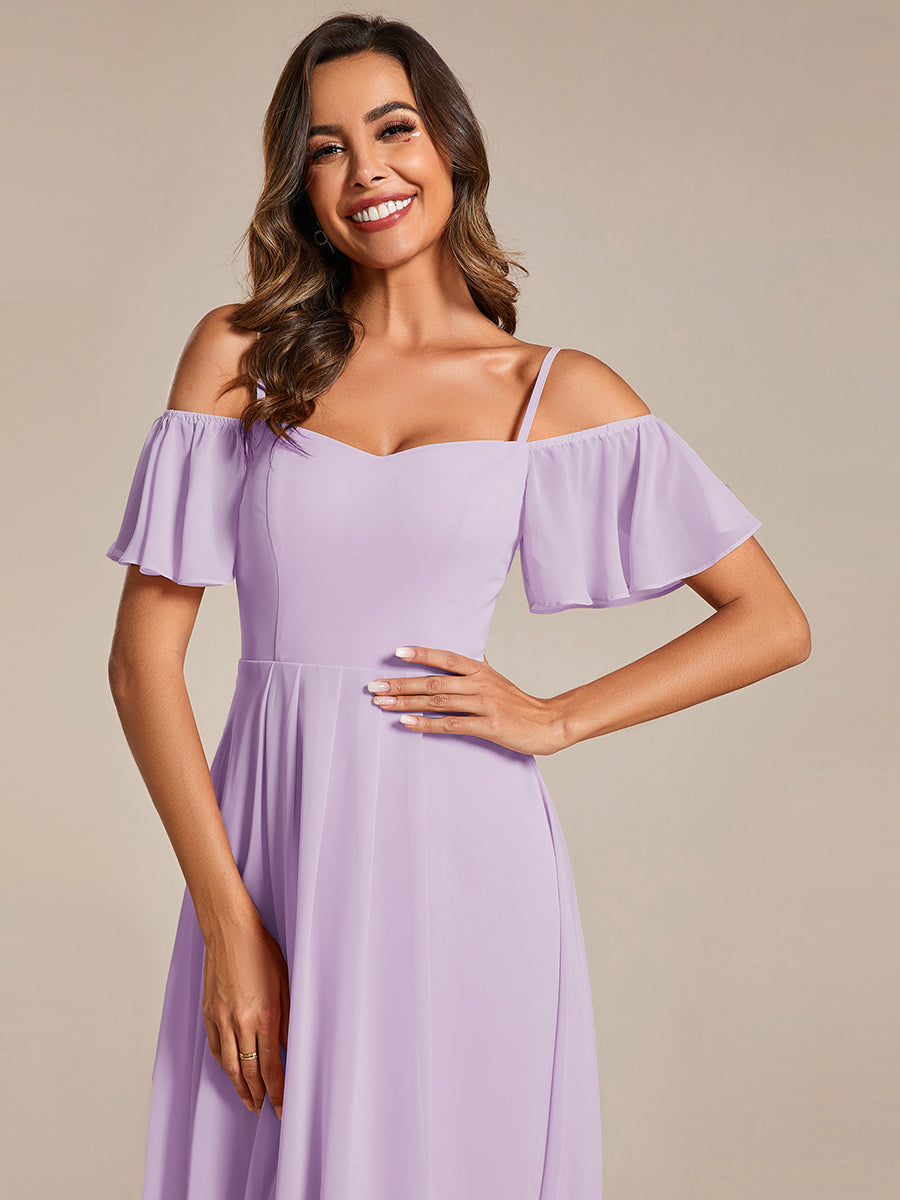 Spaghetti Strap Cold Shoulder Chiffon A-Line Midi Wedding Guest Dress #color_Frosted Lilac