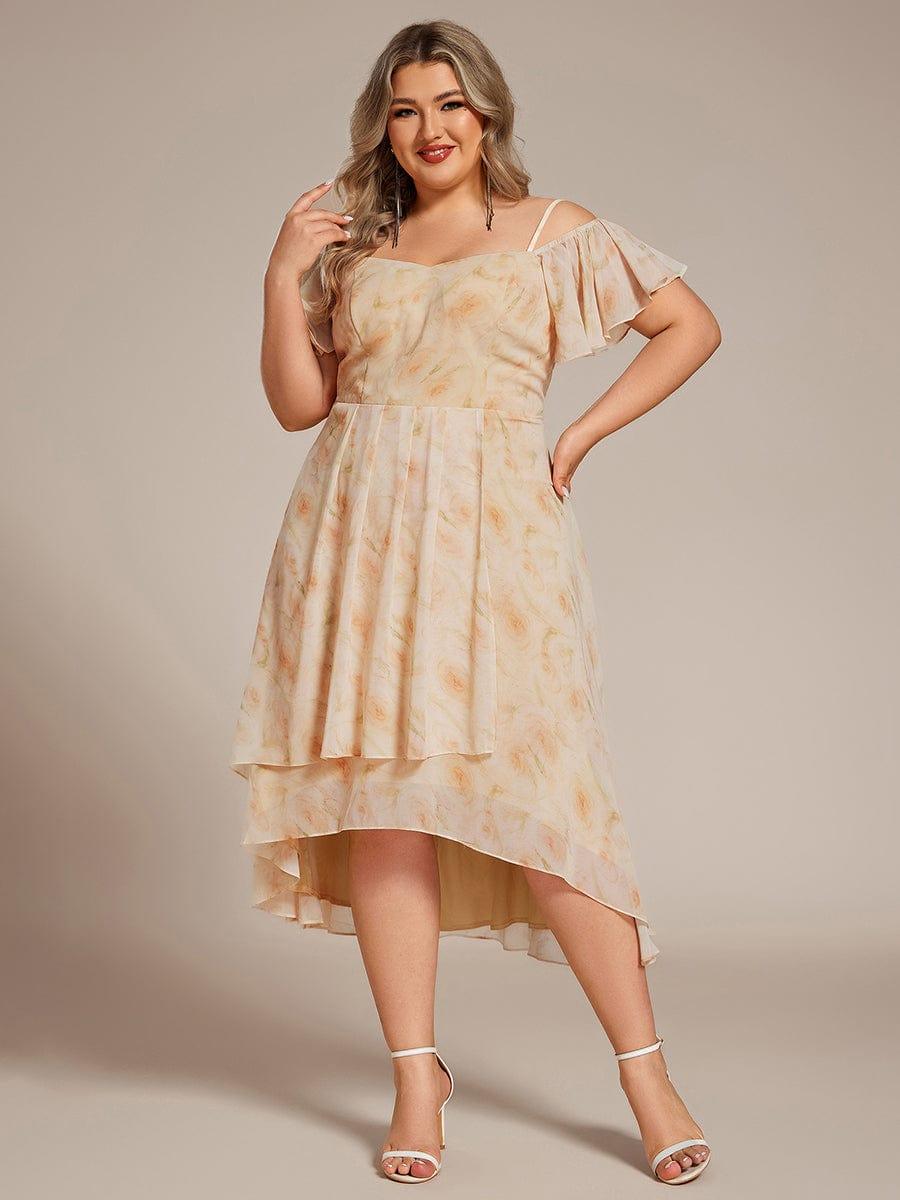 Plus Size Cold Shoulder Sweetheart Necklin Chiffon Midi Wedding Guest Dress #color_Golden Roses