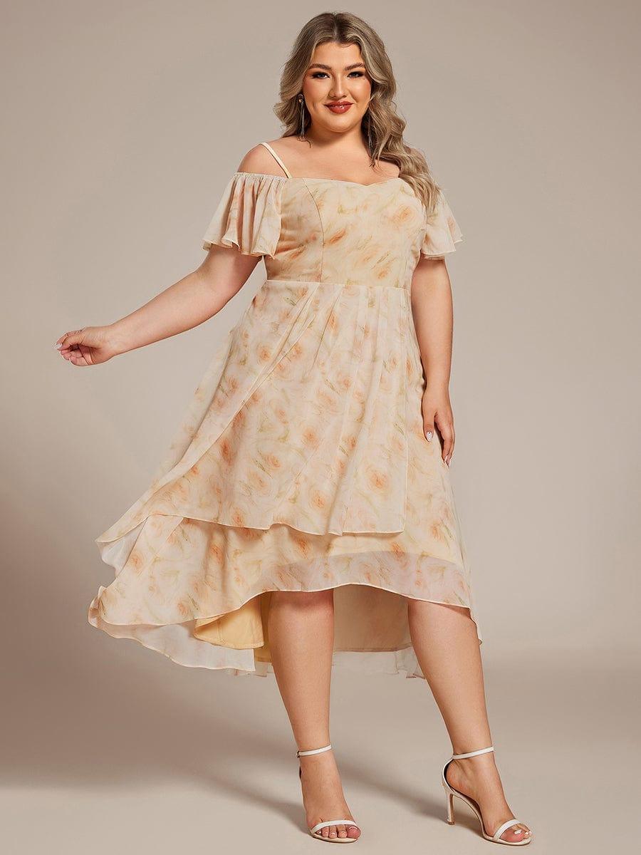 Plus Size Cold Shoulder Sweetheart Necklin Chiffon Midi Wedding Guest Dress #color_Golden Roses