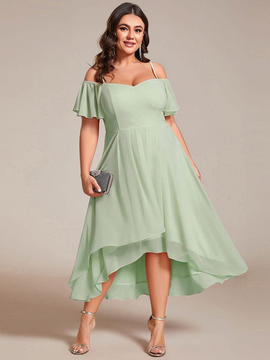 Plus Size Cold Shoulder Sweetheart Necklin Chiffon Midi Wedding Guest Dress #color_Mint Green