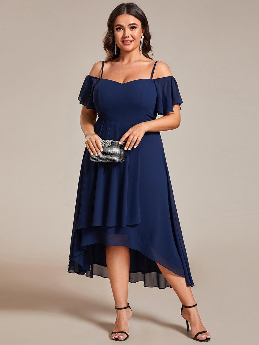 Plus Size Cold Shoulder Sweetheart Necklin Chiffon Midi Wedding Guest Dress #color_Navy Blue