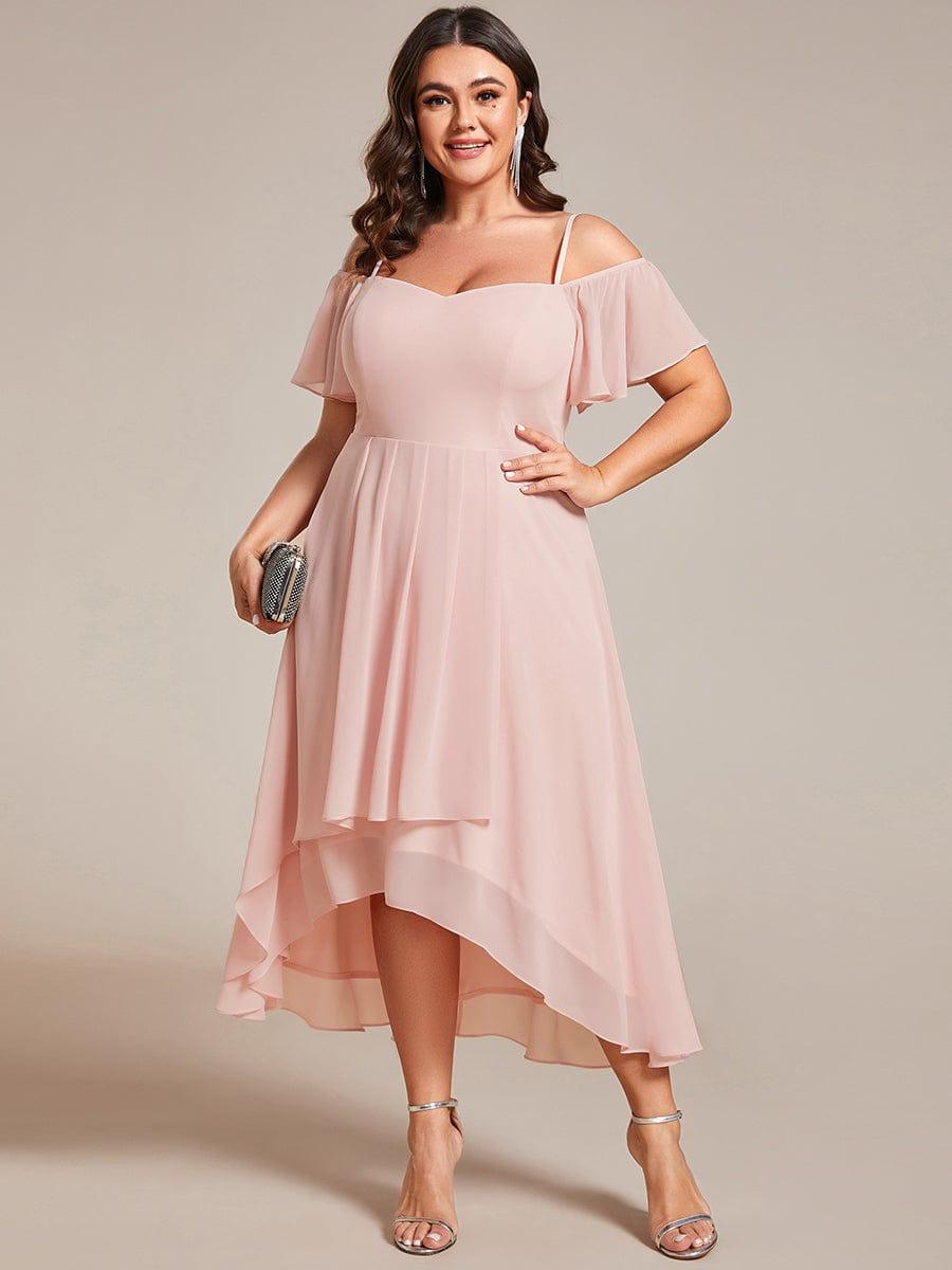 Plus Size Cold Shoulder Sweetheart Necklin Chiffon Midi Wedding Guest Dress #color_Pink