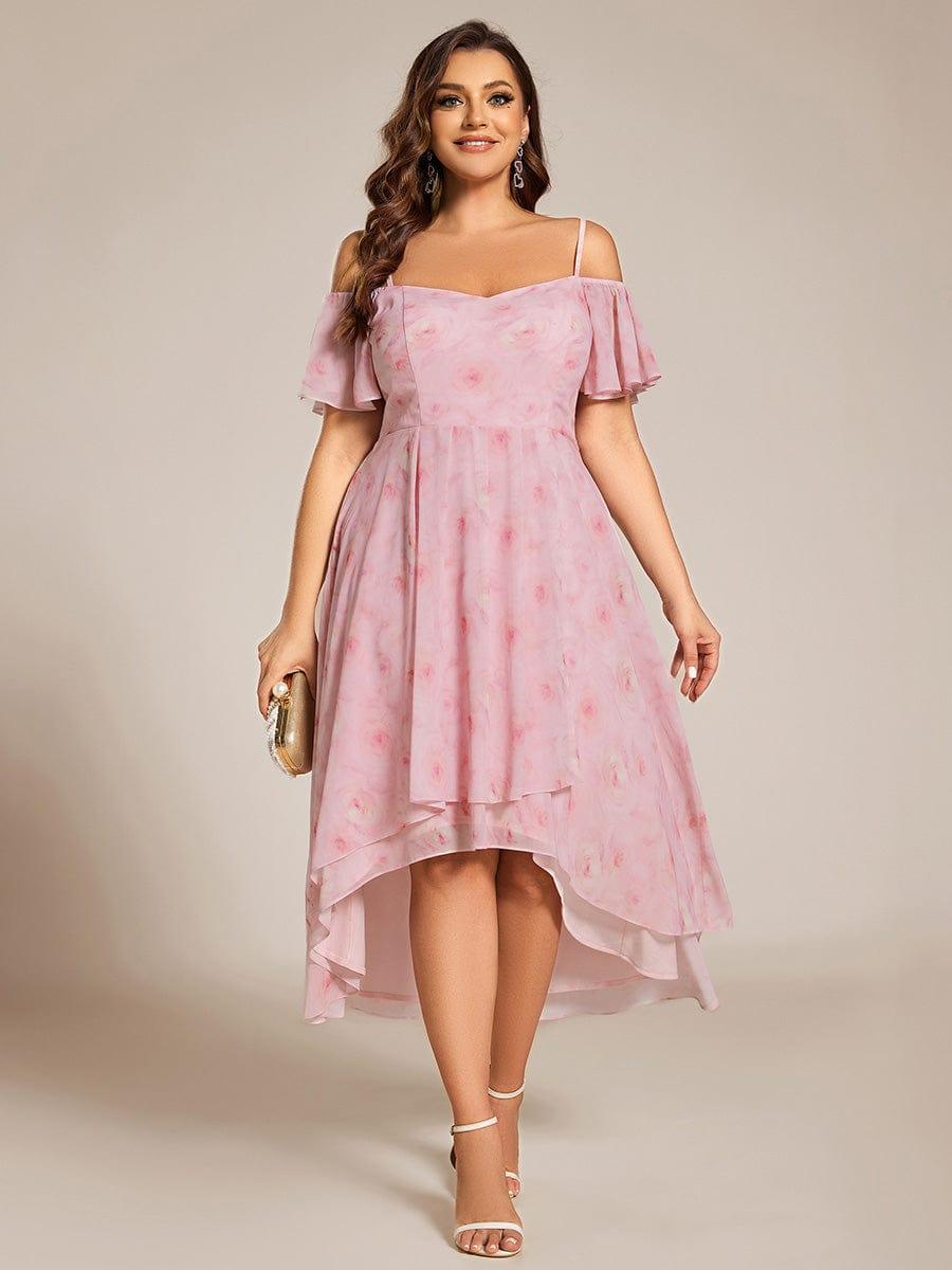 Plus Size Cold Shoulder Sweetheart Necklin Chiffon Midi Wedding Guest Dress #color_Light Purple Roses