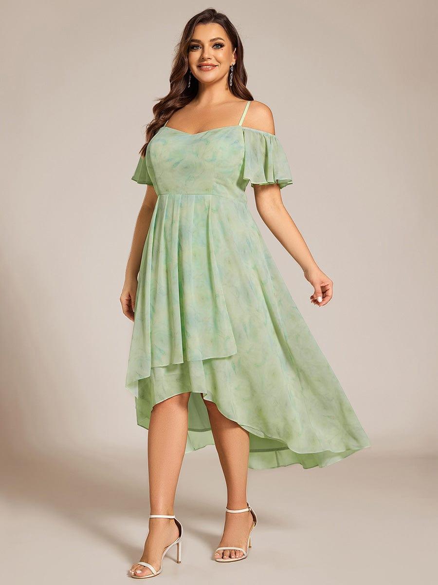 Plus Size Cold Shoulder Sweetheart Necklin Chiffon Midi Wedding Guest Dress #color_Light Green Roses