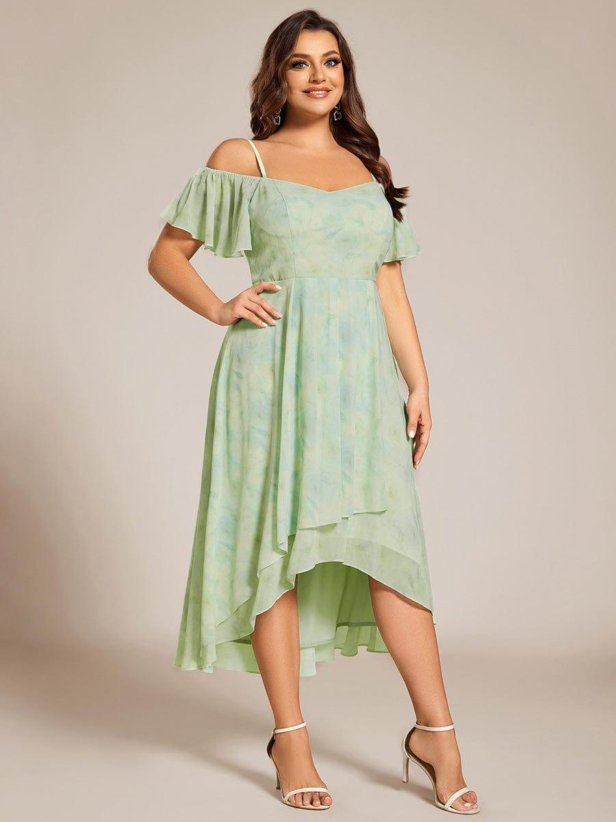 Plus Size Cold Shoulder Sweetheart Necklin Chiffon Midi Wedding Guest Dress #color_Light Green Roses