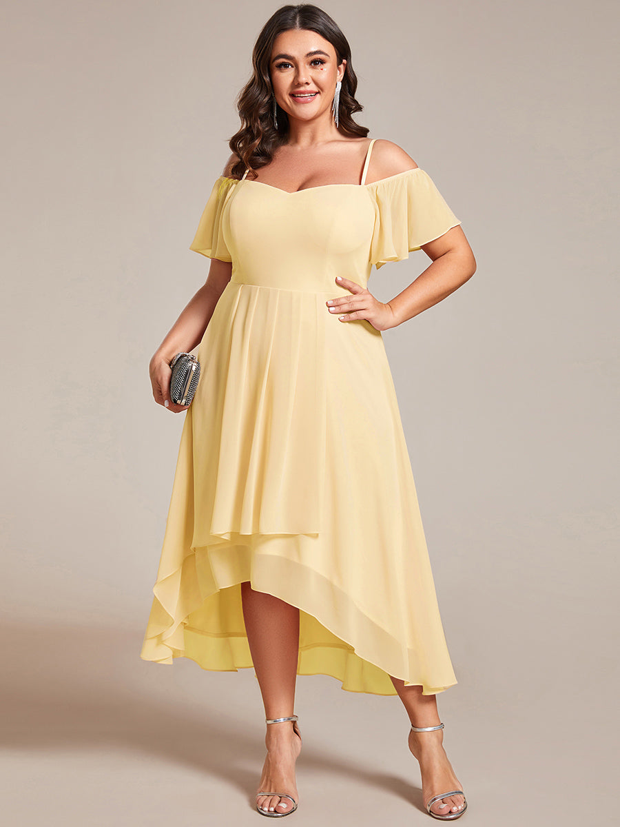Spaghetti Strap Cold Shoulder Chiffon A-Line Midi Wedding Guest Dress #color_Yellow