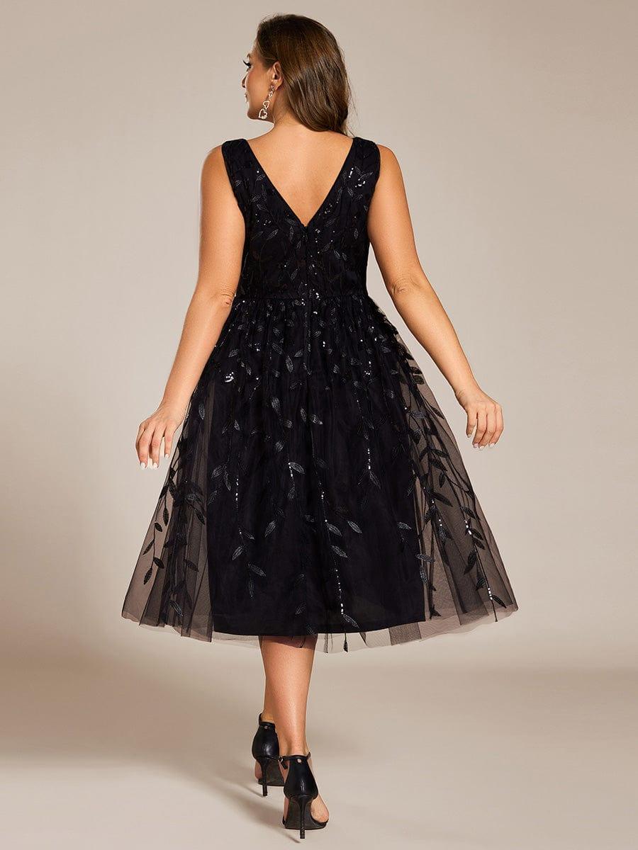 V-Neck Leaf Sequined Sleeveless A-Line Midi Wedding Guest Dress #color_Black