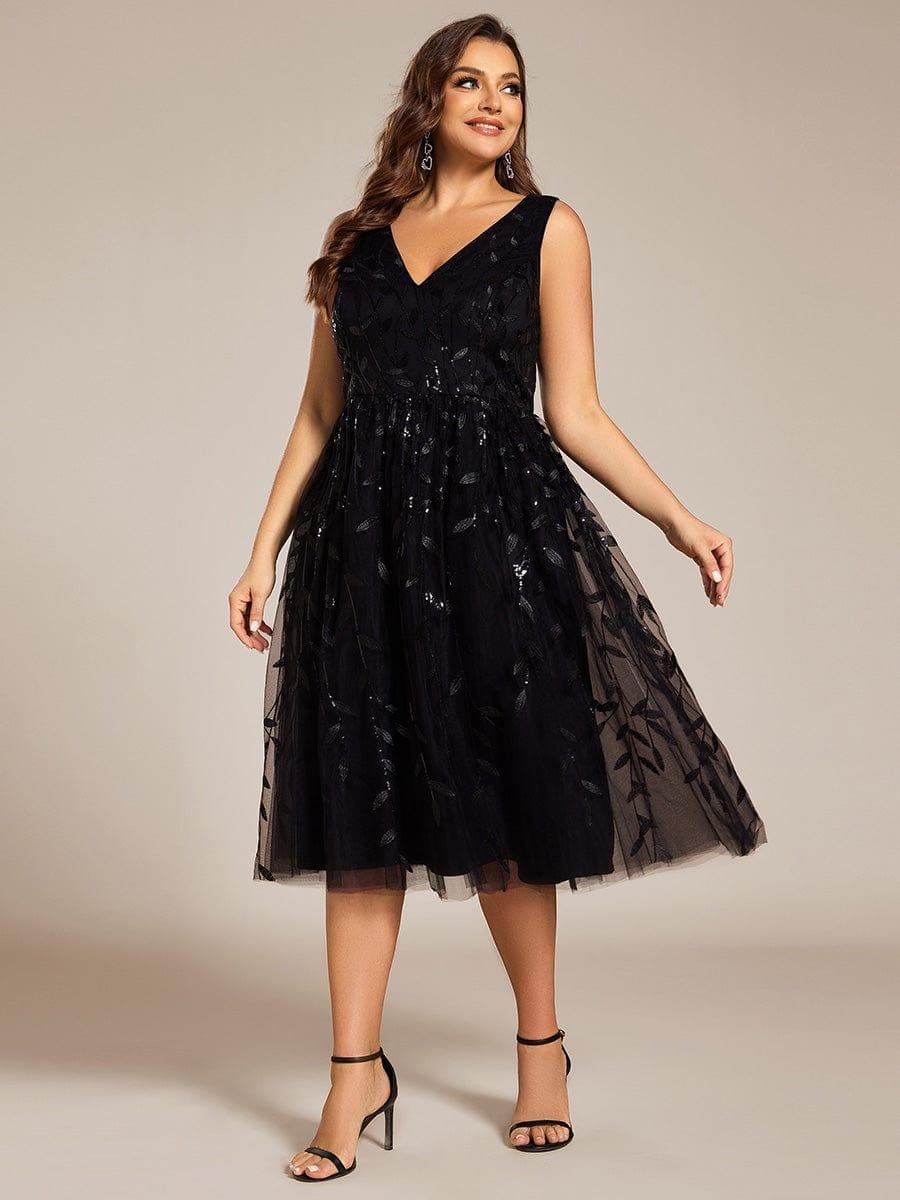 Plus Size Sleeveless Leaf Sequin A-Line Midi Wedding Guest Dress #color_Black pretty ROUX|Plus Size Sleeveless Leaf Sequin A-Line Midi Wedding Guest Dress