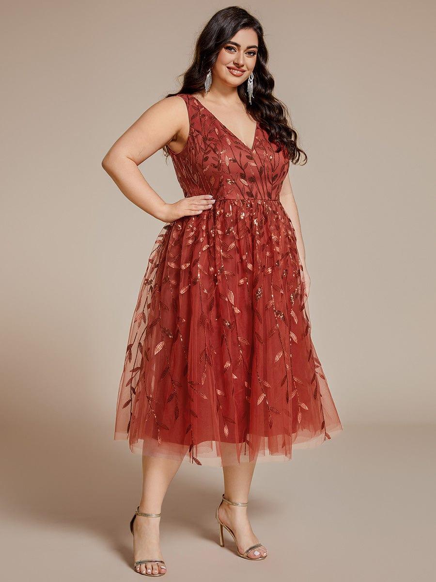 Plus Size Sleeveless Leaf Sequin A-Line Midi Wedding Guest Dress #color_Burnt Orange