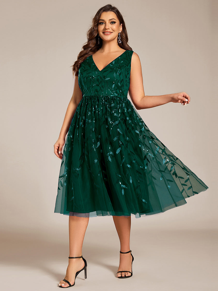 V-Neck Sequine Sleeveless A-Line Party Dress #color_Dark Green